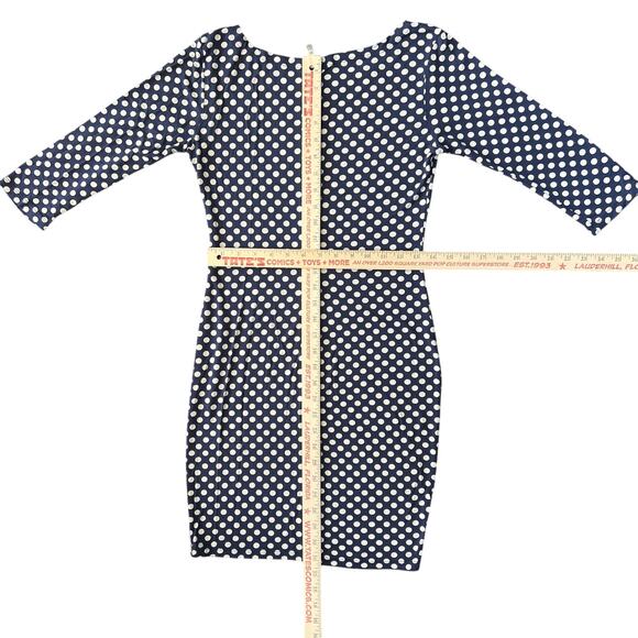 BZR Navy Polka Dot Bodycon Dress Women’s Size L 3/4 Sleeve Stretch - Picture 3 of 7